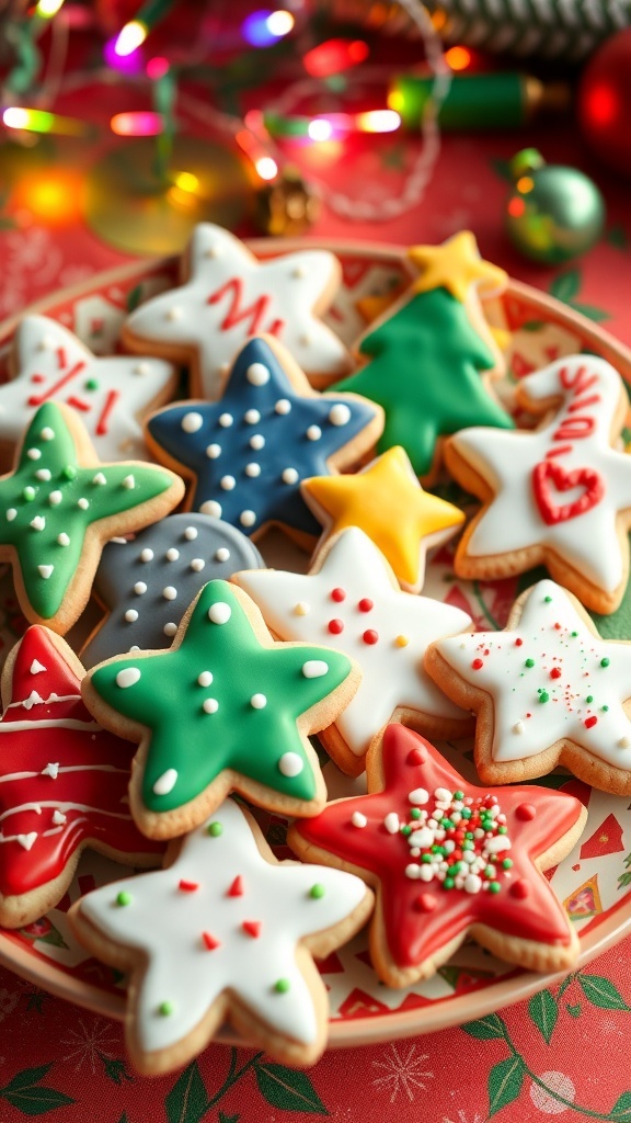 Y2K Christmas Aesthetic Recipe A colorful assortment of Y2K Christmas cookies shaped like stars and trees, decorated with icing and sprinkles on a festive plate.